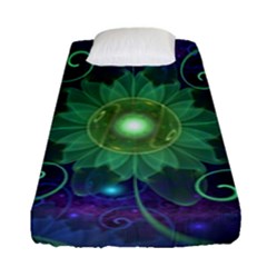 Glowing Blue-green Fractal Lotus Lily Pad Pond Fitted Sheet (single Size) by jayaprime