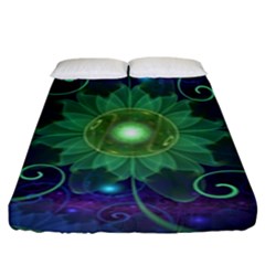 Glowing Blue-green Fractal Lotus Lily Pad Pond Fitted Sheet (king Size) by jayaprime