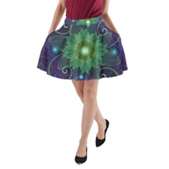 Glowing Blue-green Fractal Lotus Lily Pad Pond A-line Pocket Skirt by jayaprime