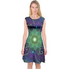 Glowing Blue-green Fractal Lotus Lily Pad Pond Capsleeve Midi Dress by jayaprime