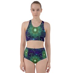 Glowing Blue-green Fractal Lotus Lily Pad Pond Bikini Swimsuit Spa Swimsuit  by jayaprime