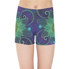 Glowing Blue-green Fractal Lotus Lily Pad Pond Kids Sports Shorts by jayaprime