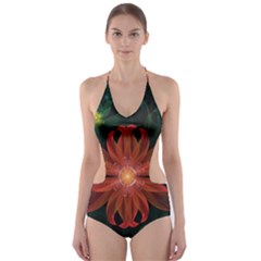 Beautiful Red Passion Flower In A Fractal Jungle Cut-out One Piece Swimsuit by jayaprime