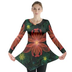 Beautiful Red Passion Flower In A Fractal Jungle Long Sleeve Tunic  by jayaprime