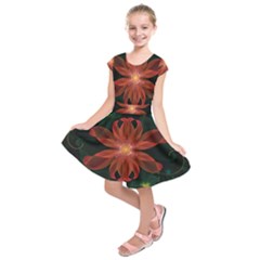 Beautiful Red Passion Flower In A Fractal Jungle Kids  Short Sleeve Dress by jayaprime
