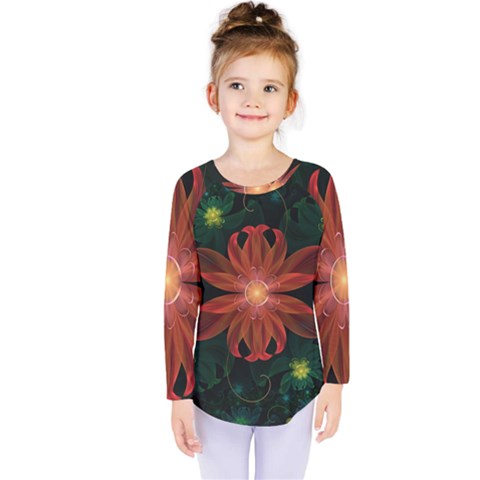 Beautiful Red Passion Flower In A Fractal Jungle Kids  Long Sleeve Tee by jayaprime