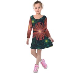 Beautiful Red Passion Flower In A Fractal Jungle Kids  Long Sleeve Velvet Dress by jayaprime