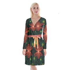 Beautiful Red Passion Flower In A Fractal Jungle Long Sleeve Velvet Front Wrap Dress by jayaprime