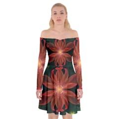 Beautiful Red Passion Flower In A Fractal Jungle Off Shoulder Skater Dress by jayaprime