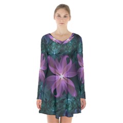 Pink And Turquoise Wedding Cremon Fractal Flowers Long Sleeve Velvet V-neck Dress by jayaprime