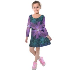 Pink And Turquoise Wedding Cremon Fractal Flowers Kids  Long Sleeve Velvet Dress by jayaprime