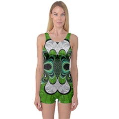 Fractal Art Green Pattern Design One Piece Boyleg Swimsuit