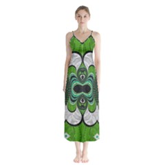 Fractal Art Green Pattern Design Button Up Chiffon Maxi Dress