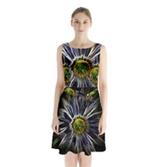 Flower Structure Photo Montage Sleeveless Waist Tie Chiffon Dress