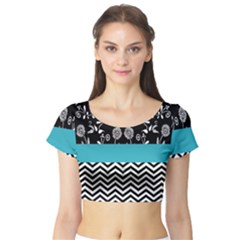 Flowers Turquoise Pattern Floral Short Sleeve Crop Top (tight Fit)