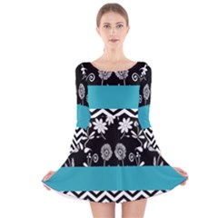 Flowers Turquoise Pattern Floral Long Sleeve Velvet Skater Dress