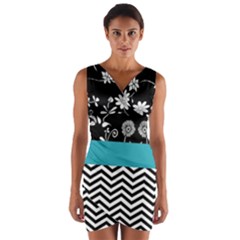 Flowers Turquoise Pattern Floral Wrap Front Bodycon Dress