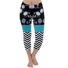 Flowers Turquoise Pattern Floral Capri Winter Leggings 