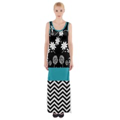 Flowers Turquoise Pattern Floral Maxi Thigh Split Dress