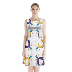 Pattern Circular Birds Sleeveless Waist Tie Chiffon Dress