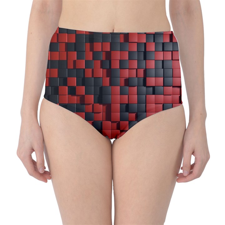 Black Red Tiles Checkerboard High-Waist Bikini Bottoms