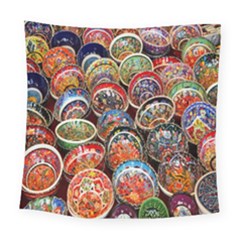 Colorful Oriental Bowls On Local Market In Turkey Square Tapestry (large)