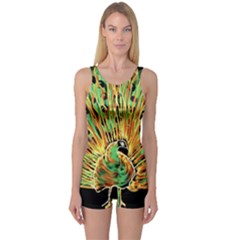 Unusual Peacock Drawn With Flame Lines One Piece Boyleg Swimsuit