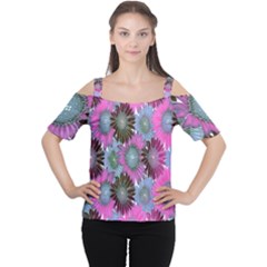 Floral Pattern Background Cutout Shoulder Tee