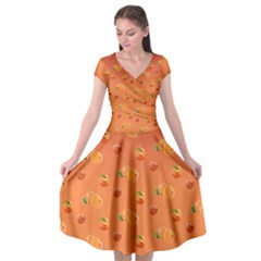 Peach Fruit Pattern Cap Sleeve Wrap Front Dress