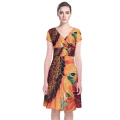 Sunflower Art  Artistic Effect Background Short Sleeve Front Wrap Dress by BangZart