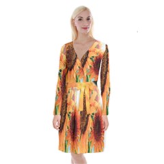 Sunflower Art  Artistic Effect Background Long Sleeve Velvet Front Wrap Dress by BangZart