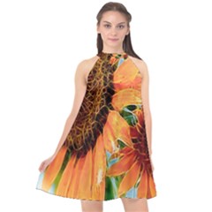 Sunflower Art  Artistic Effect Background Halter Neckline Chiffon Dress 