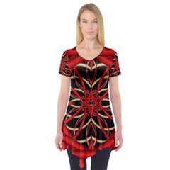 Fractal Wallpaper With Red Tangled Wires Short Sleeve Tunic 