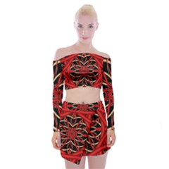 Fractal Wallpaper With Red Tangled Wires Off Shoulder Top With Skirt Set