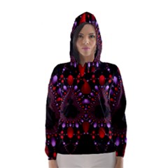 Fractal Red Violet Symmetric Spheres On Black Hooded Wind Breaker (women)