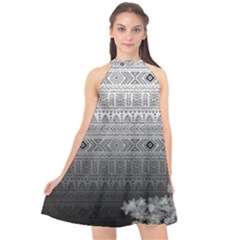 Gray & Black Paisley Pattern Halter Neckline Chiffon Dress 