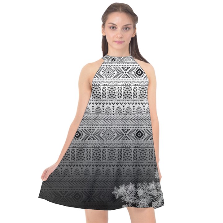 Gray & Black Paisley Pattern Halter Neckline Chiffon Dress 