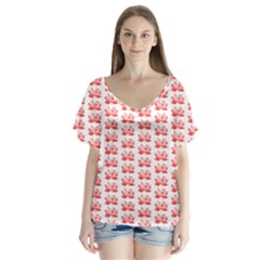 Red Lotus Floral Pattern Flutter Sleeve Top by paulaoliveiradesign