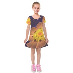 Beautiful Violet & Peach Primrose Fractal Flowers Kids  Short Sleeve Velvet Dress by jayaprime