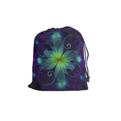 Blue And Green Fractal Flower Of A Stargazer Lily Drawstring Pouches (medium)  by jayaprime