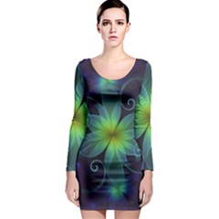 Blue And Green Fractal Flower Of A Stargazer Lily Long Sleeve Bodycon Dress by jayaprime