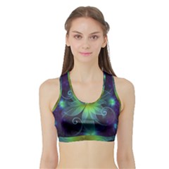 Blue And Green Fractal Flower Of A Stargazer Lily Sports Bra With Border by jayaprime