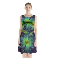 Blue And Green Fractal Flower Of A Stargazer Lily Sleeveless Waist Tie Chiffon Dress by jayaprime