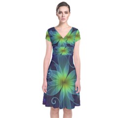 Blue And Green Fractal Flower Of A Stargazer Lily Short Sleeve Front Wrap Dress by jayaprime