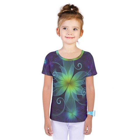 Blue And Green Fractal Flower Of A Stargazer Lily Kids  One Piece Tee by jayaprime