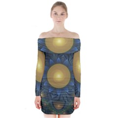 Beautiful Orange & Blue Fractal Sunflower Of Egypt Long Sleeve Off Shoulder Dress by jayaprime