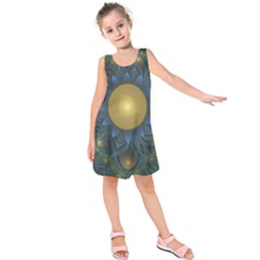 Beautiful Orange & Blue Fractal Sunflower Of Egypt Kids  Sleeveless Dress by jayaprime