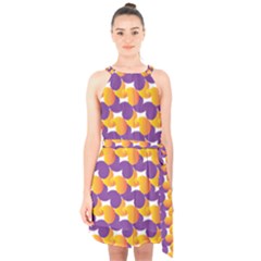 Purple And Yellow Abstract Pattern Halter Collar Waist Tie Chiffon Dress