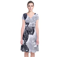 White Rose Black Back Ground Greenery ! Short Sleeve Front Wrap Dress by CreatedByMeVictoriaB