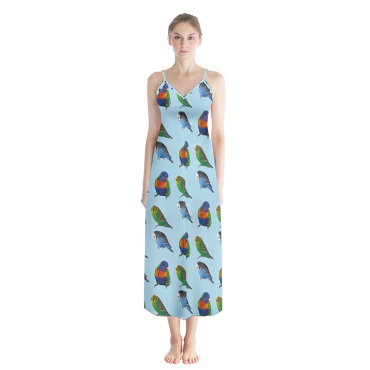 Blue Birds Parrot Pattern Button Up Chiffon Maxi Dress